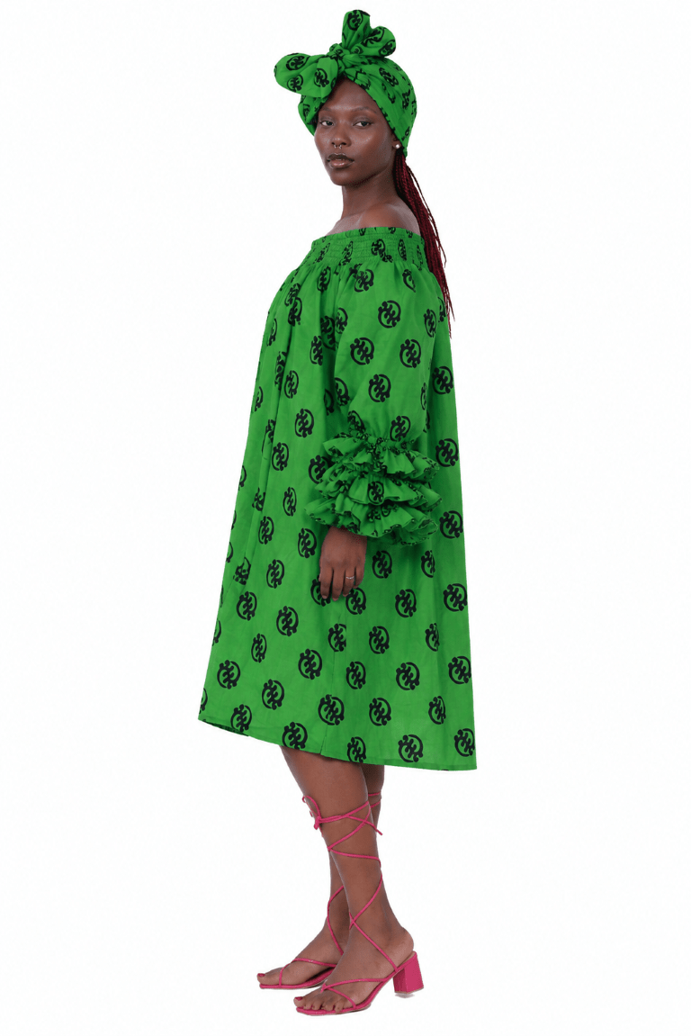 AD-25043-701 Women's African Print Off-Shoulder Ruffle Sleeve Midi Dress with Matching Headwrap – Assorted Colors - Advance Apparels Inc