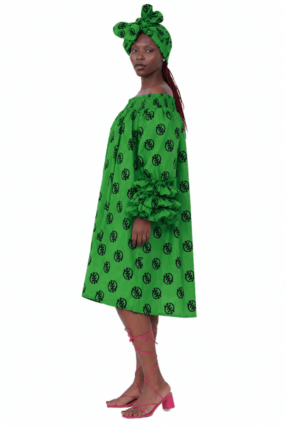 AD-25043-701 Women's African Print Off-Shoulder Ruffle Sleeve Midi Dress with Matching Headwrap – Assorted Colors - Advance Apparels Inc