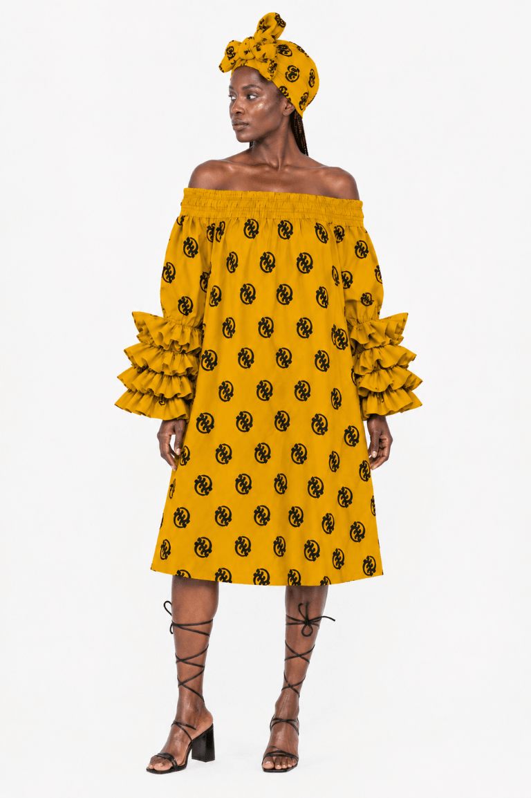 AD-25043-701 Women's African Print Off-Shoulder Ruffle Sleeve Midi Dress with Matching Headwrap – Assorted Colors - Advance Apparels Inc