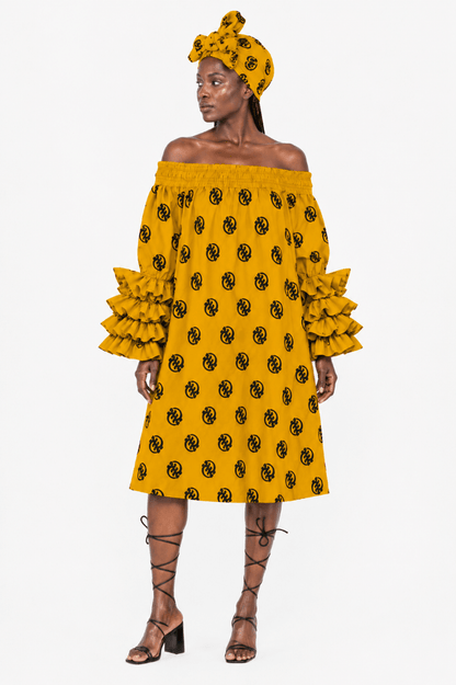 AD-25043-701 Women's African Print Off-Shoulder Ruffle Sleeve Midi Dress with Matching Headwrap – Assorted Colors - Advance Apparels Inc