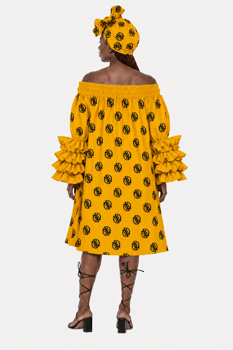 AD-25043-701 Women's African Print Off-Shoulder Ruffle Sleeve Midi Dress with Matching Headwrap – Assorted Colors - Advance Apparels Inc
