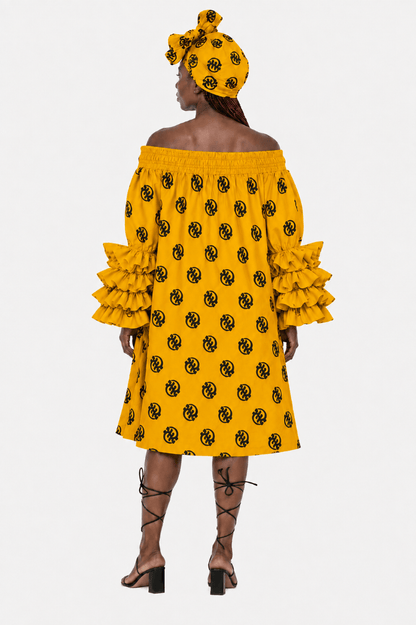 AD-25043-701 Women's African Print Off-Shoulder Ruffle Sleeve Midi Dress with Matching Headwrap – Assorted Colors - Advance Apparels Inc