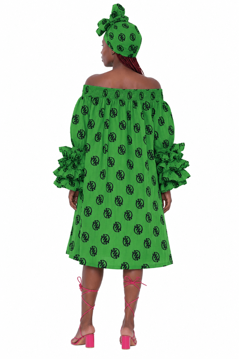 AD-25043-701 Women's African Print Off-Shoulder Ruffle Sleeve Midi Dress with Matching Headwrap – Assorted Colors - Advance Apparels Inc