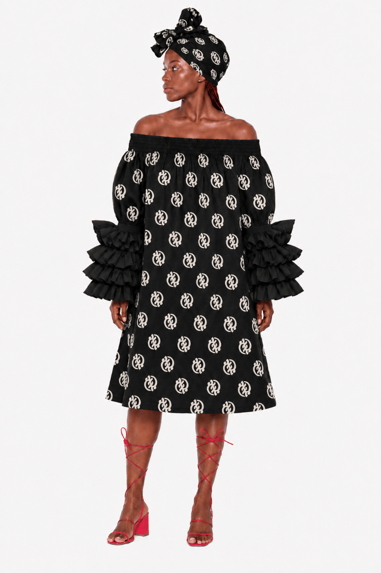 AD-25043-701 Women's African Print Off-Shoulder Ruffle Sleeve Midi Dress with Matching Headwrap – Assorted Colors - Advance Apparels Inc