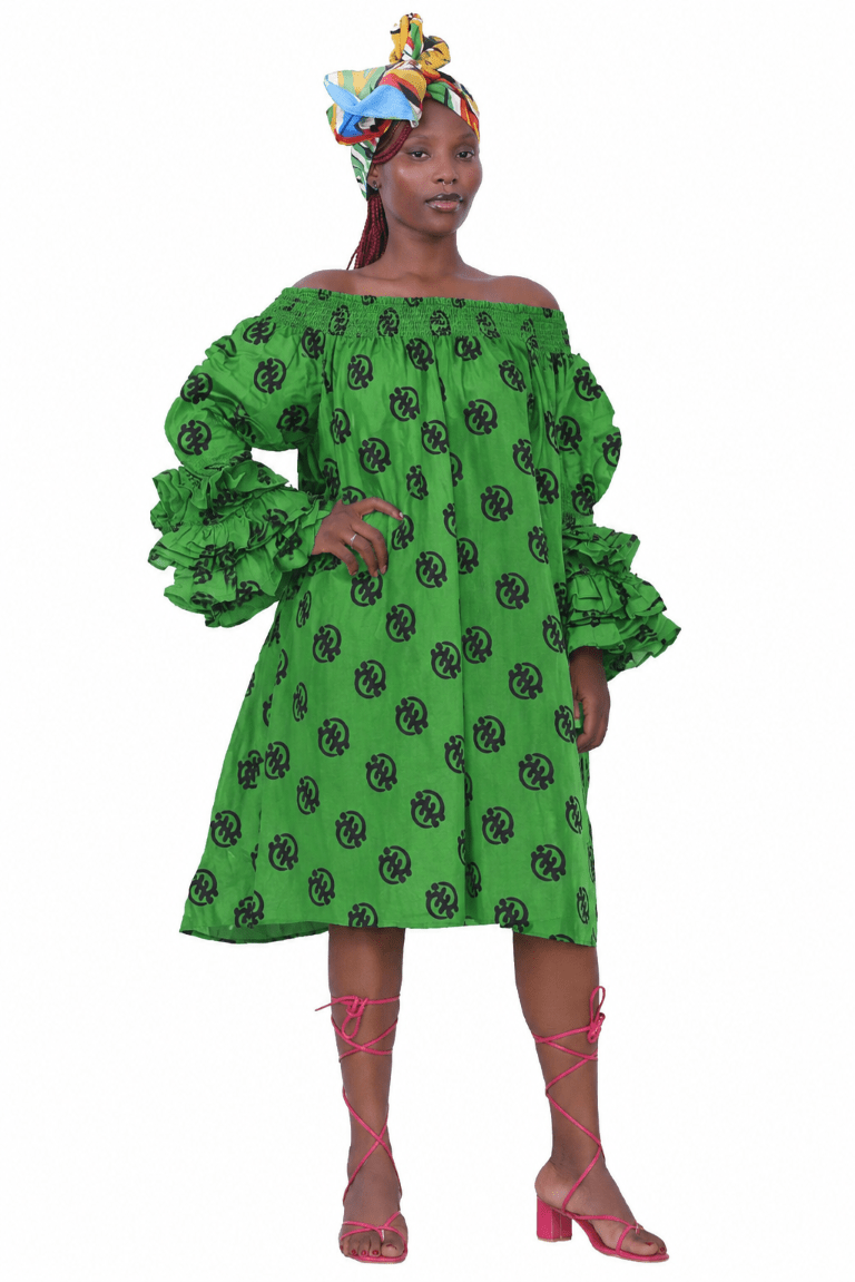 AD-25043-701 Women's African Print Off-Shoulder Ruffle Sleeve Midi Dress with Matching Headwrap – Assorted Colors - Advance Apparels Inc