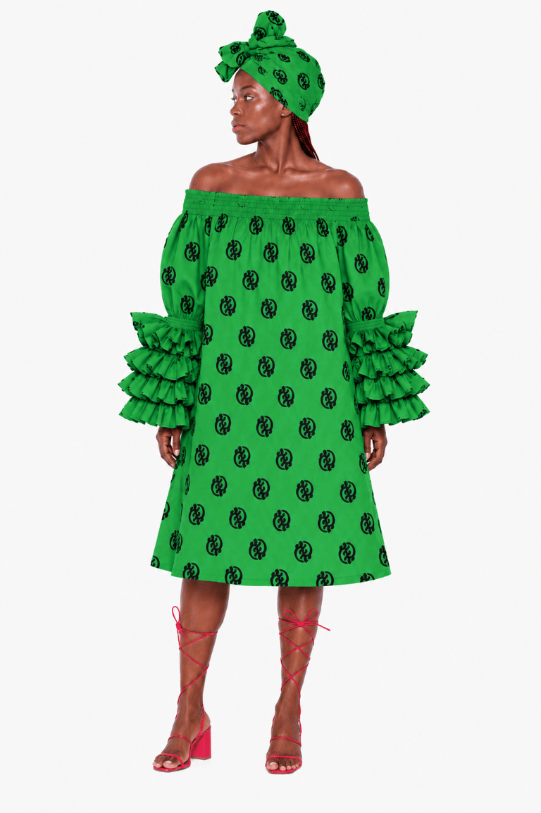 AD-25043-701 Women's African Print Off-Shoulder Ruffle Sleeve Midi Dress with Matching Headwrap – Assorted Colors - Advance Apparels Inc