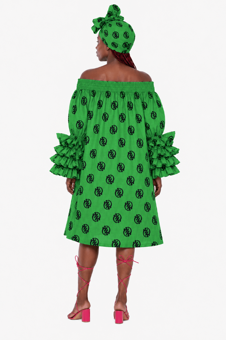 AD-25043-701 Women's African Print Off-Shoulder Ruffle Sleeve Midi Dress with Matching Headwrap – Assorted Colors - Advance Apparels Inc