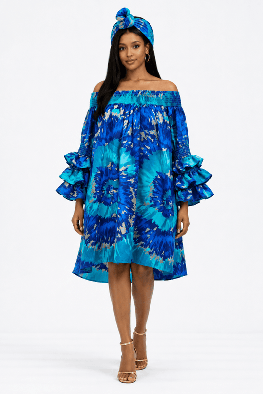 AD-25043-704 Blue Tie-Dye Off-Shoulder Ruffle Sleeve Dress with Matching Head Wrap - Advance Apparels Inc