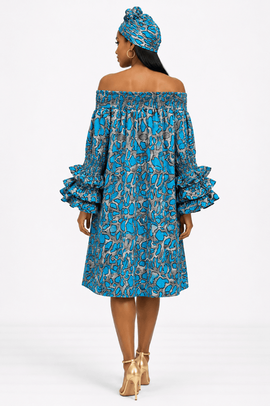 AD-25043-705 Women's Turquoise Blue & Gray African Print Off-Shoulder Ruffle Sleeve Dress with Matching Head Wrap - Advance Apparels Inc