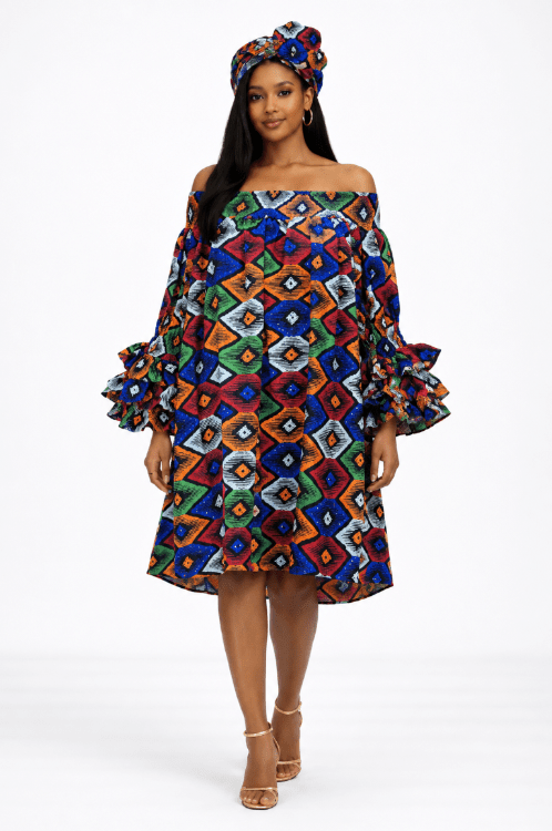 AD-25043-706 Women's African Print Off-Shoulder Ruffle Sleeve Dress with Matching Head Wrap – Multicolor - Advance Apparels Inc