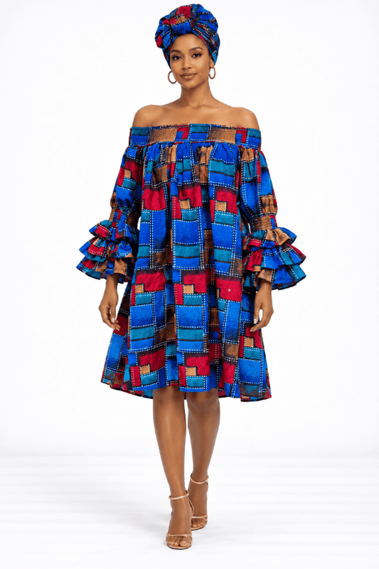 AD-25043-708 Royal Blue Patchwork Off-Shoulder Ruffle Sleeve Dress with Matching Head Wrap - Advance Apparels Inc