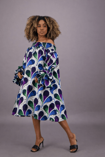 AD-25043-B085 Off-Shoulder African Print Smock Dress with Ruffle Sleeves - Advance Apparels Inc