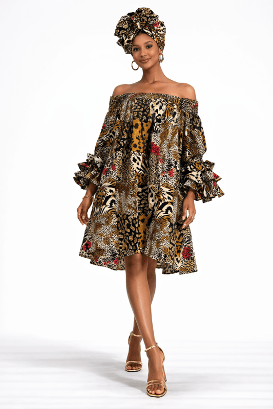 AD-25043-B097 Off-Shoulder Smock Dress with Ruffle Sleeve - Advance Apparels Inc