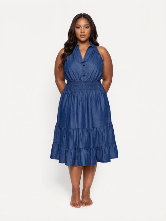 AD-26502 Women's Tiered Denim Midi Dress with Matching Head Wrap - Advance Apparels Inc