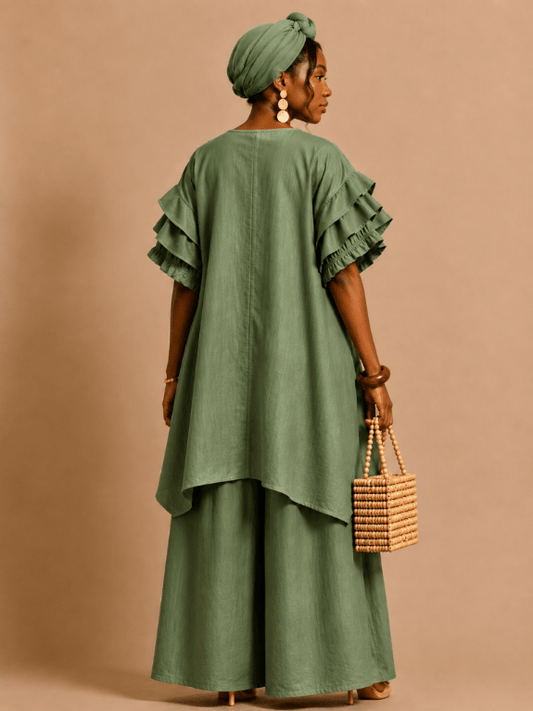 APS-26511 Assorted Color Faux Silk Co-Ord Set with Ruffle Sleeves & Wide-Leg Pants - Advance Apparels Inc