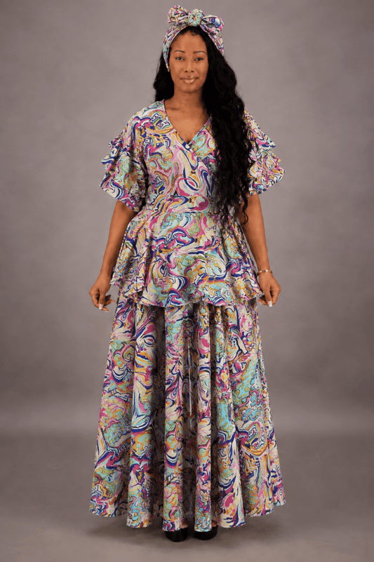 AS-25072-702 Women's Multicolor Swirl Print Ruffle Top & Maxi Skirt Set with Matching Head Wrap - Advance Apparels Inc