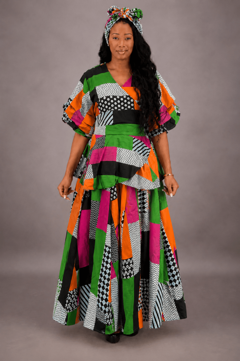 AS-25072-703 Women's Patchwork Print Maxi Skirt Set with Ruffle Top & Matching Head Wrap - Advance Apparels Inc