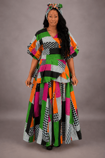 AS-25072-703 Women's Patchwork Print Maxi Skirt Set with Ruffle Top & Matching Head Wrap - Advance Apparels Inc