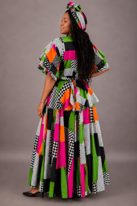 AS-25072-703 Women's Patchwork Print Maxi Skirt Set with Ruffle Top & Matching Head Wrap - Advance Apparels Inc