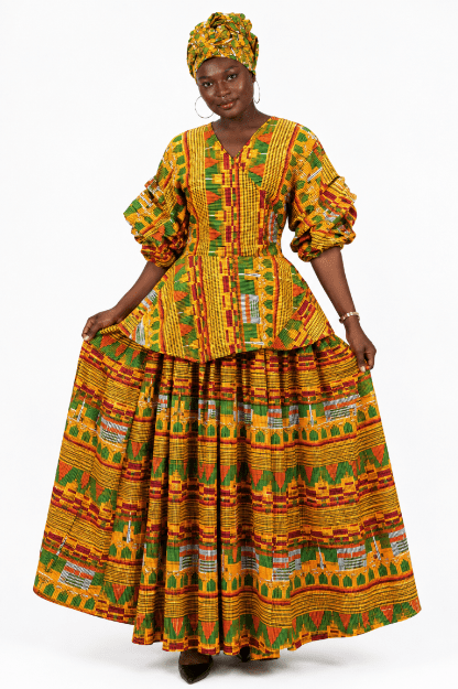 AS-25072-707 African Print Kente-Inspired Peplum Top & Maxi Skirt 3-Piece Set with Head Wrap - Advance Apparels Inc