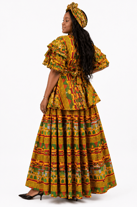 AS-25072-707 African Print Kente-Inspired Peplum Top & Maxi Skirt 3-Piece Set with Head Wrap - Advance Apparels Inc