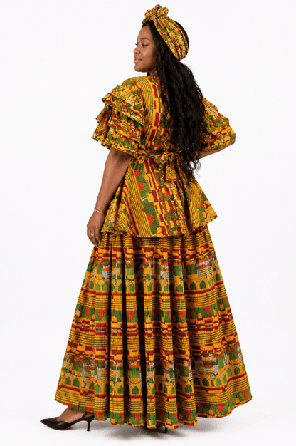 AS-25072-707 African Print Kente-Inspired Peplum Top & Maxi Skirt 3-Piece Set with Head Wrap - Advance Apparels Inc