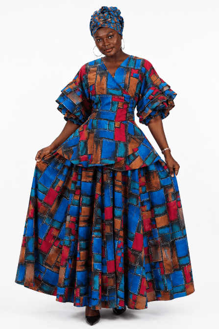 AS-25072-708 African Print Patchwork Peplum Top & Maxi Skirt 3-Piece Set with Head Wrap - Advance Apparels Inc