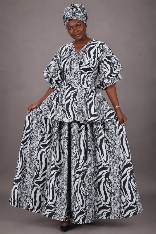 AS-25072-710 Women's Zebra & Snakeskin Print Peplum Maxi Skirt Set with Matching Head Wrap - Advance Apparels Inc