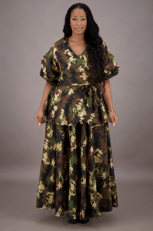 AS-25072-B091 omen's Camouflage Ruffle Sleeve Wrap Top & Maxi Skirt Set - Advance Apparels Inc