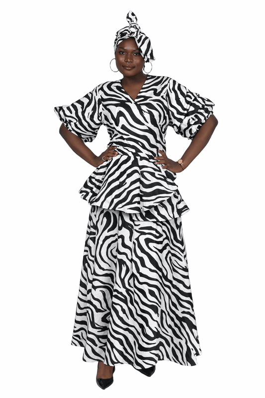 AS-25072-B093 Zebra Print Faux Silk Peplum & Maxi Skirt Set - Advance Apparels Inc