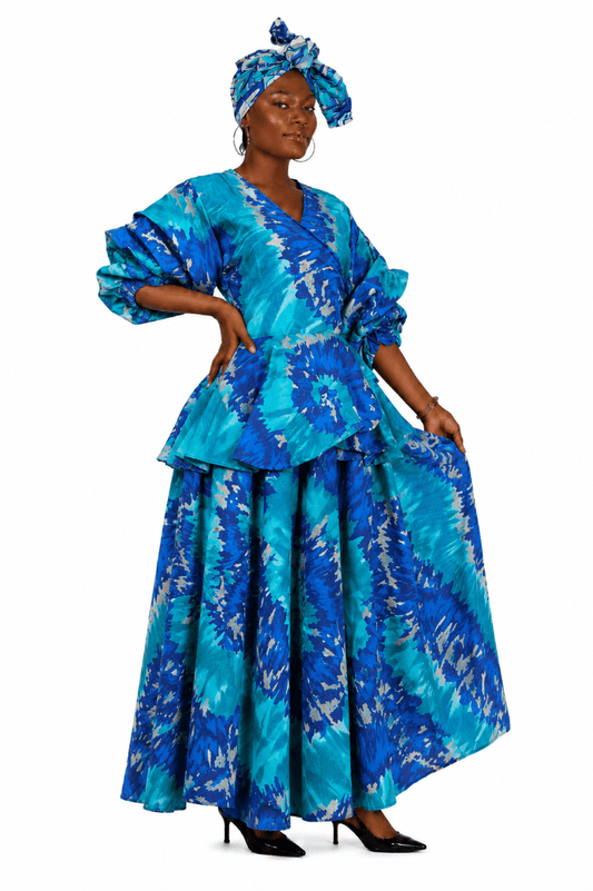 AS-25073-704 African Print Wide-Leg Palazzo Pant Set with Peplum Top & Matching Head Wrap - Advance Apparels Inc