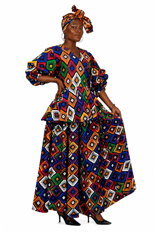 AS-25073-706 African Print Geometric Palazzo Pant Set with Peplum Top & Matching Head Wrap - Advance Apparels Inc