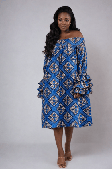 Blue African Print Off Shoulder Dress AD-25043-B096 - Advance Apparels Inc