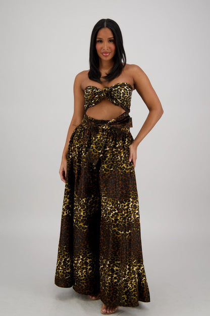 Brown - Gold Leopard Wide - Leg Palazzo Pants 61 - 275 - Advance Apparels Inc