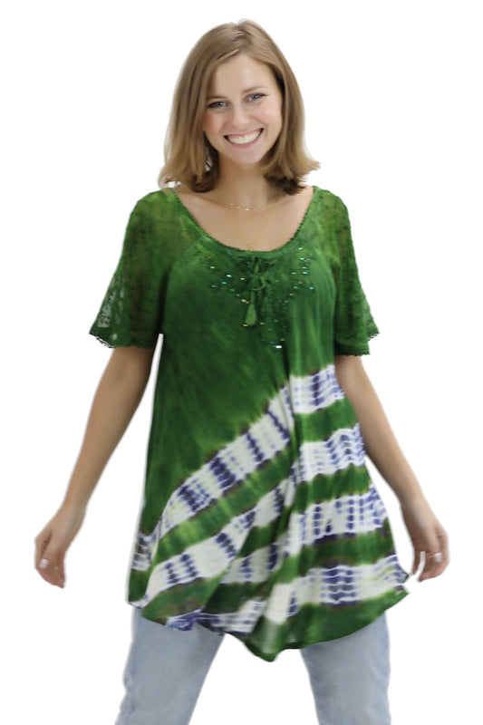 Diagonal Striped Tie-Dye Cap Sleeve Blouse 18726 - Advance Apparels Inc