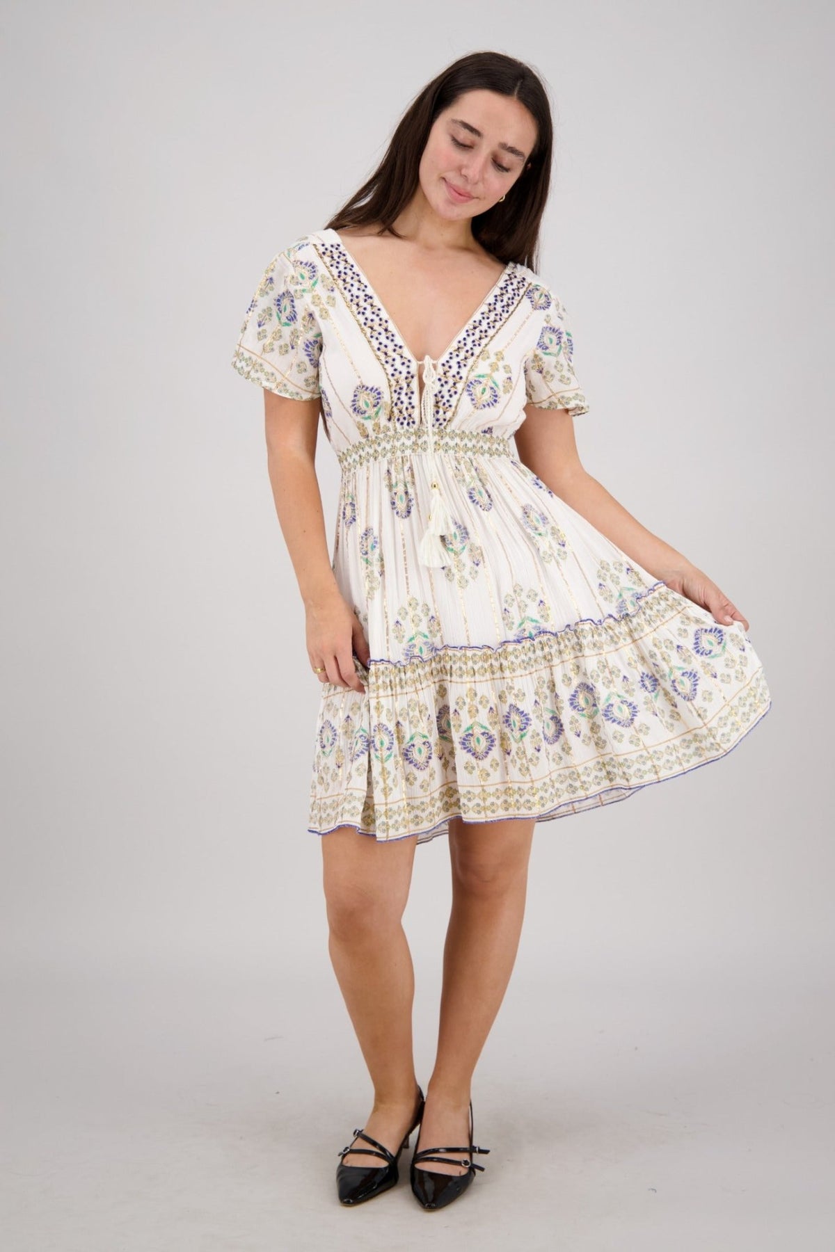 Flowy Boho Mini Dress with Keyhole Back 25213 - Advance Apparels Inc
