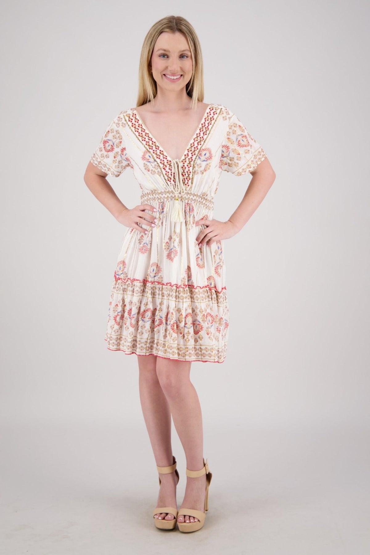 Flowy Boho Mini Dress with Keyhole Back 25213 - Advance Apparels Inc