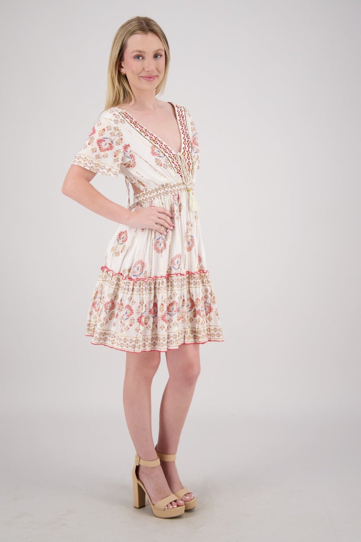 Flowy Boho Mini Dress with Keyhole Back 25213 - Advance Apparels Inc