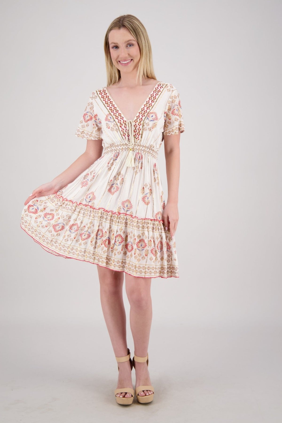 Flowy Boho Mini Dress with Keyhole Back 25213 - Advance Apparels Inc