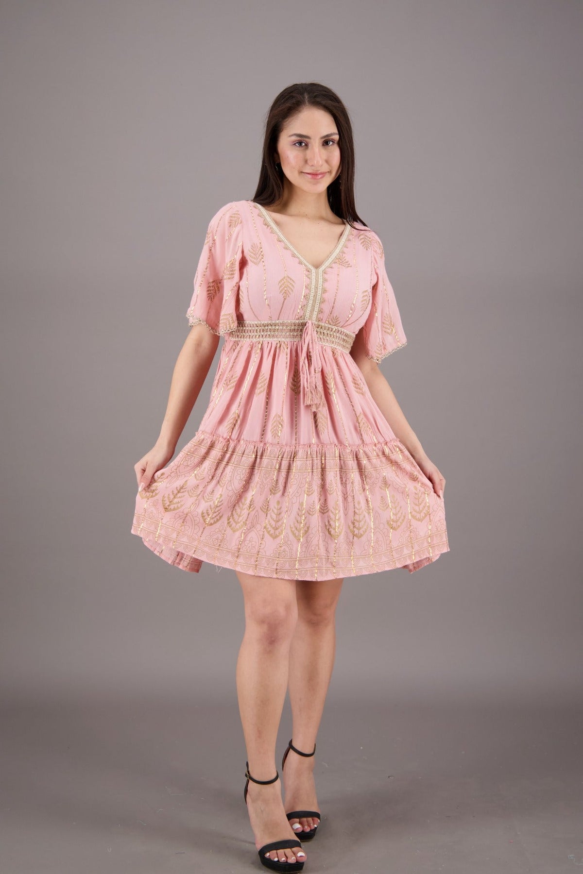 Flutter Sleeve V - Neck Pastel Dress 24934 - Advance Apparels Inc