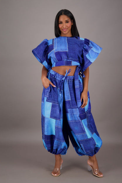 Indigo Patchwork Two - Piece Set APS - 25078 - B084 - Advance Apparels Inc