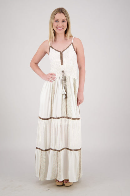 Ivory Mirror Trim Tiered Maxi Dress 25236 - Advance Apparels Inc