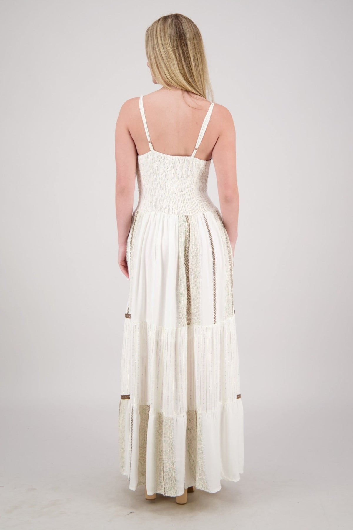 Ivory Mirror Trim Tiered Maxi Dress 25236 - Advance Apparels Inc