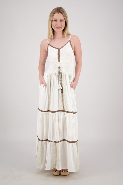 Ivory Mirror Trim Tiered Maxi Dress 25236 - Advance Apparels Inc
