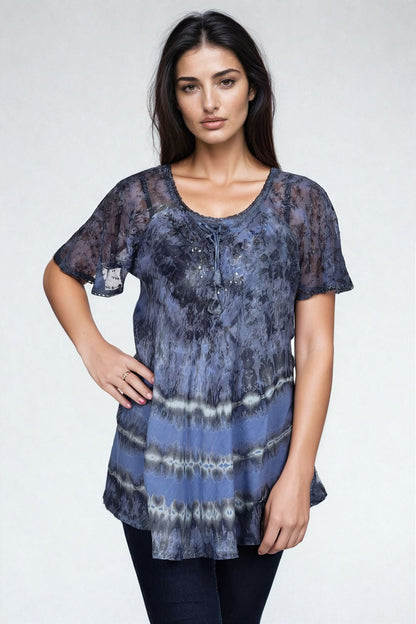 Kauai Tie Dye Cap Sleeve Blouse 19212 - Advance Apparels Inc