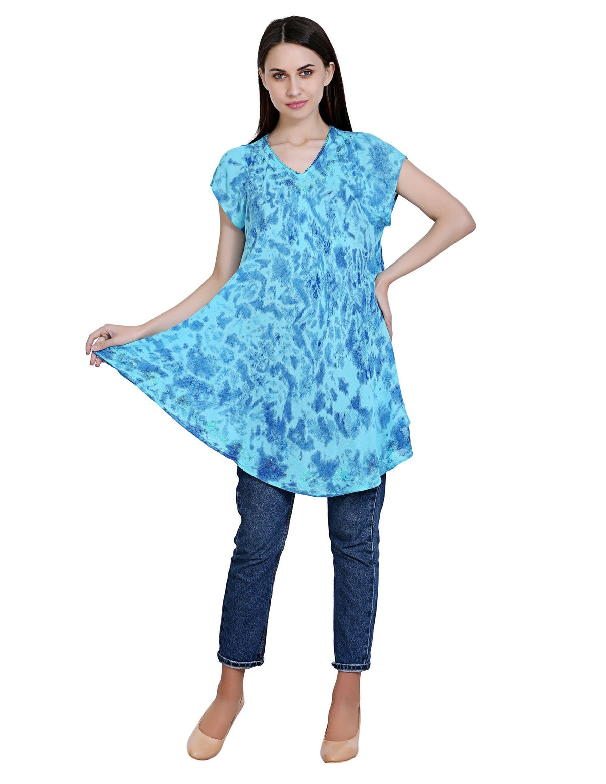 Long-Length Tie Dye Cap Sleeve Blouse 19226 - Advance Apparels Inc