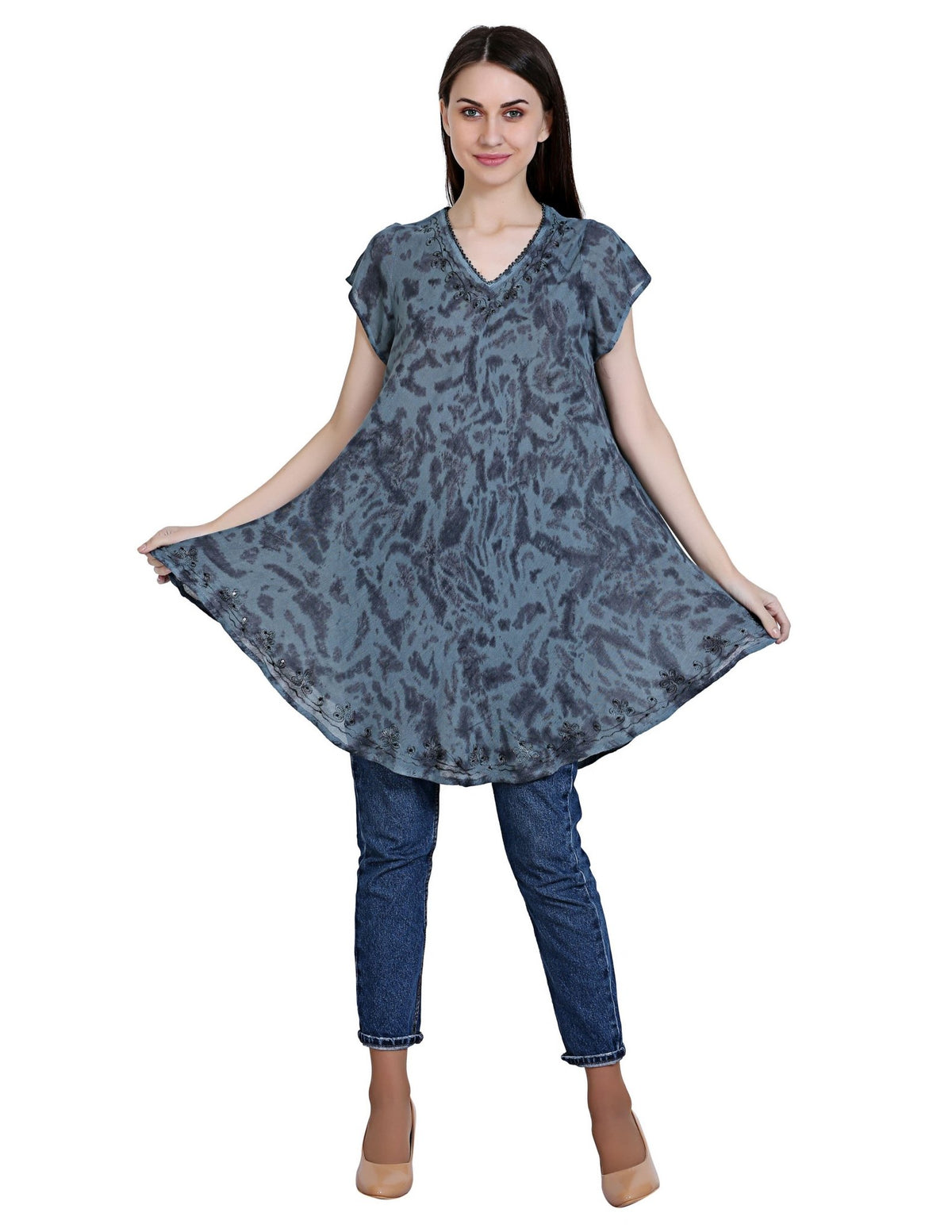 Long-Length Tie Dye Cap Sleeve Blouse 19226 - Advance Apparels Inc