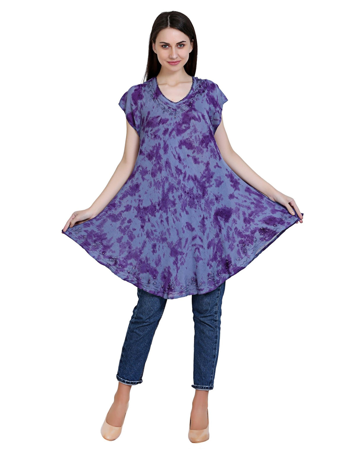 Long-Length Tie Dye Cap Sleeve Blouse 19226 - Advance Apparels Inc
