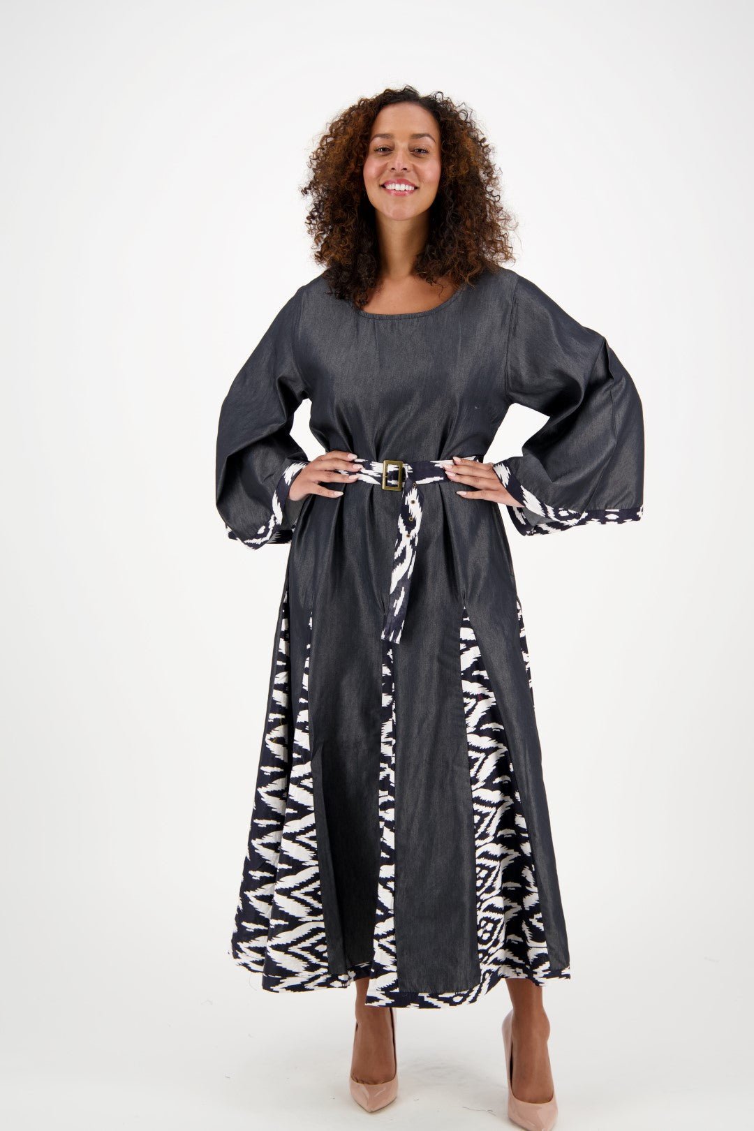 Long Sleeve Maxi Dress w/ Matching Ankara Print Belt 2193 - 419 - Advance Apparels Inc