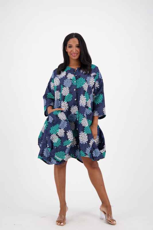 Navy Teal Floral Button Dress AD-25014-B061 - Advance Apparels Inc